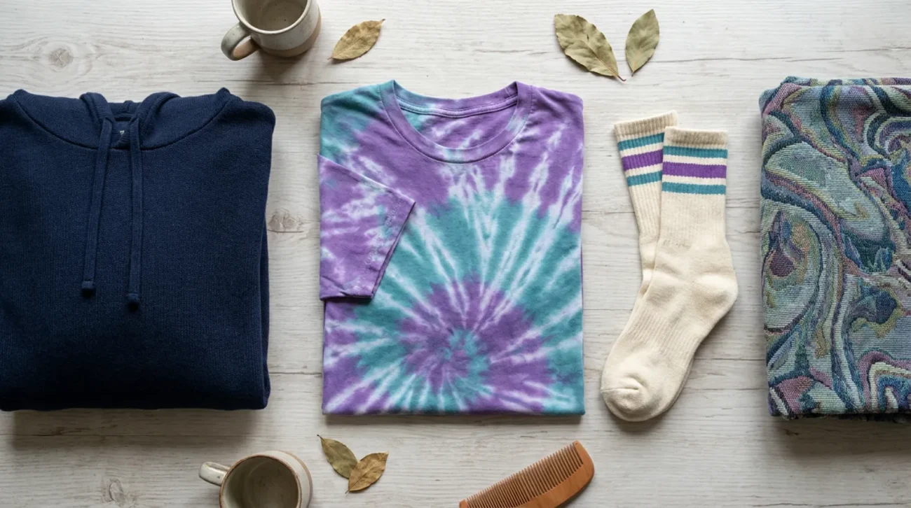 Brook merch flat lay with tie-dye tee, hoodie, socks and tapestry