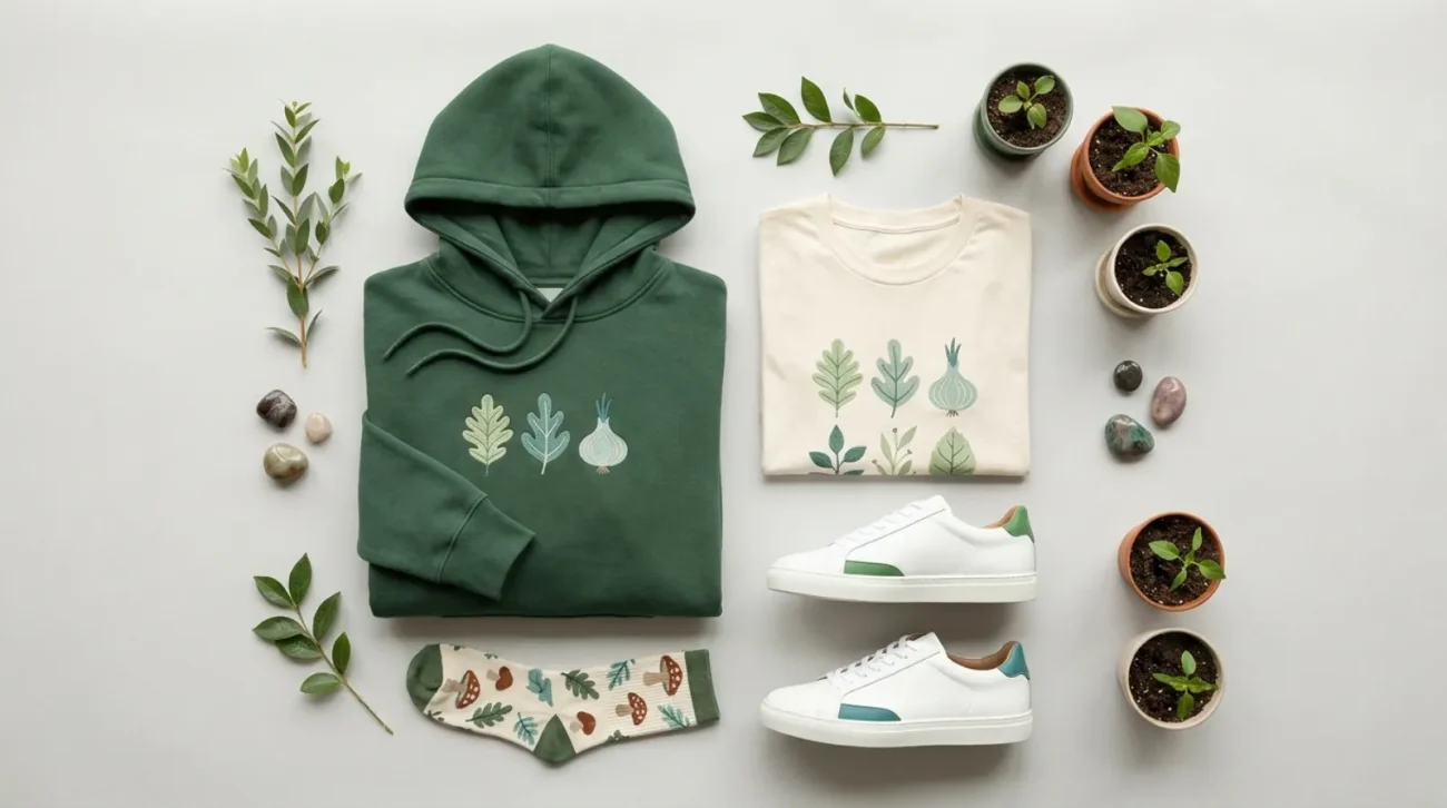 Bulbasaur merch themed apparel flat-lay with forest-green hoodie, tee, and socks