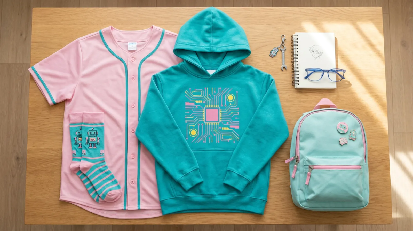 Teal and pink Bulma shirt, kids hoodie, patterned socks, and backpack flat-lay on light wood