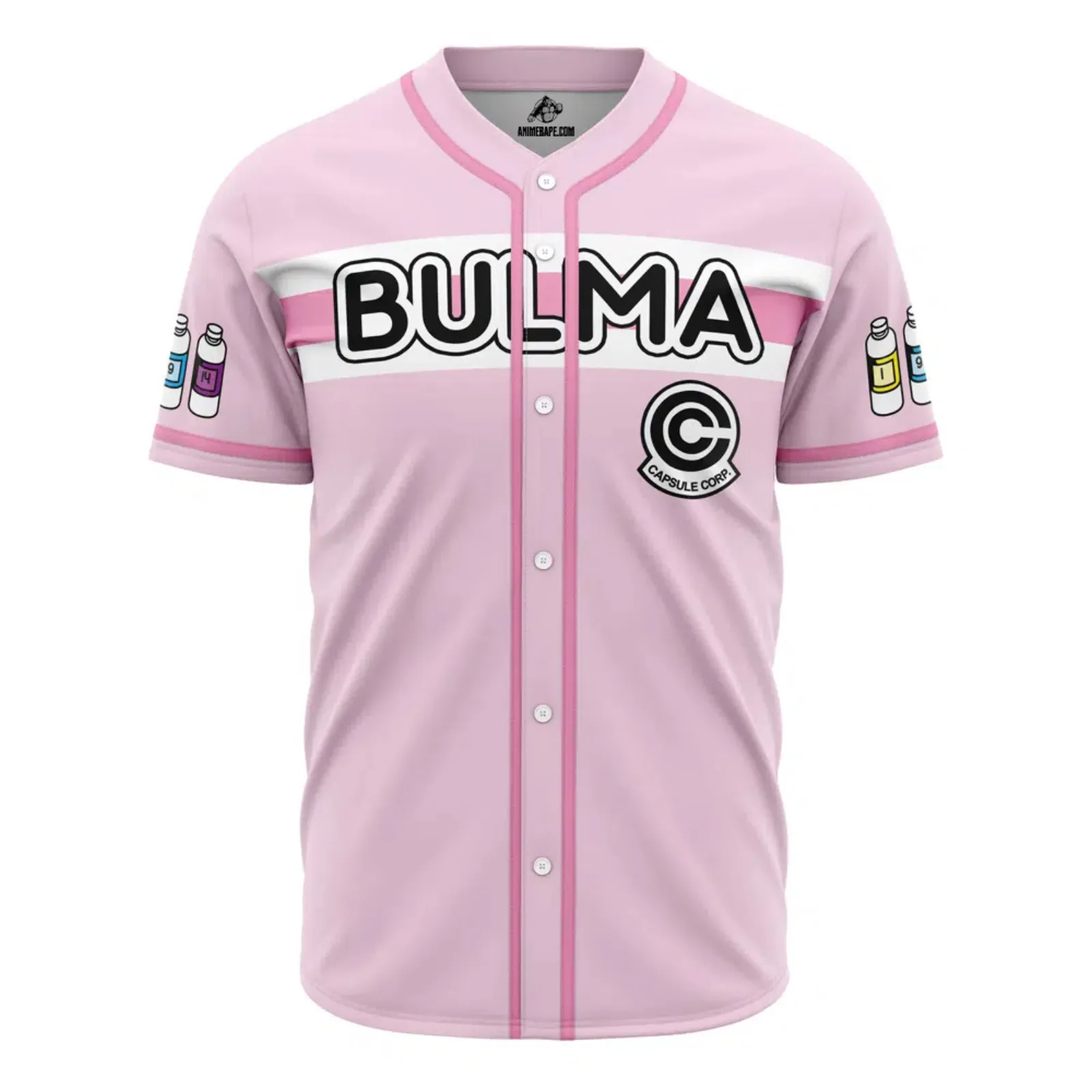 Bulma pink Dragon Ball Z baseball jersey laid flat for the buying guide