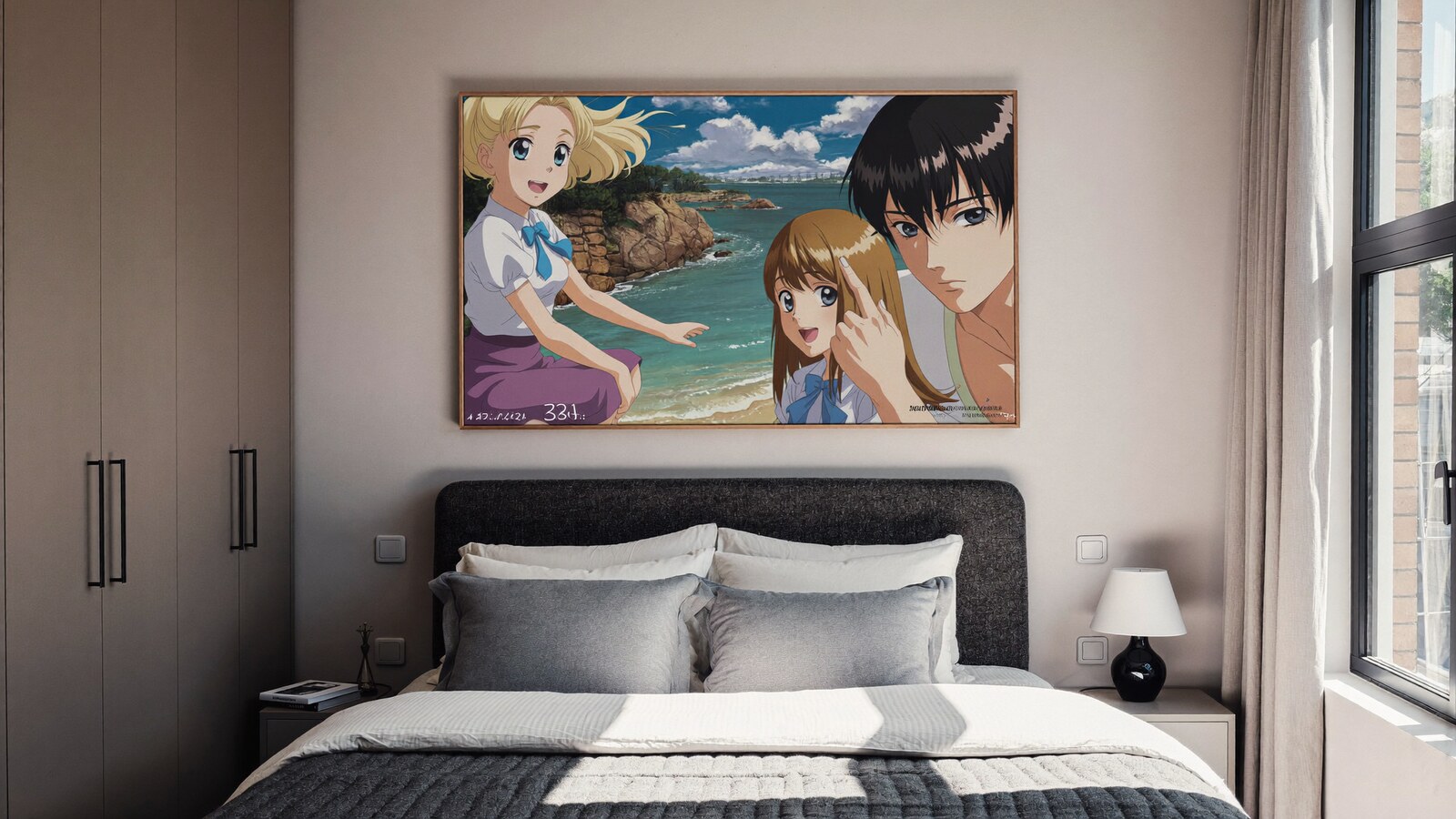 Anime-inspired canvas prints in a social or layered scene with friends