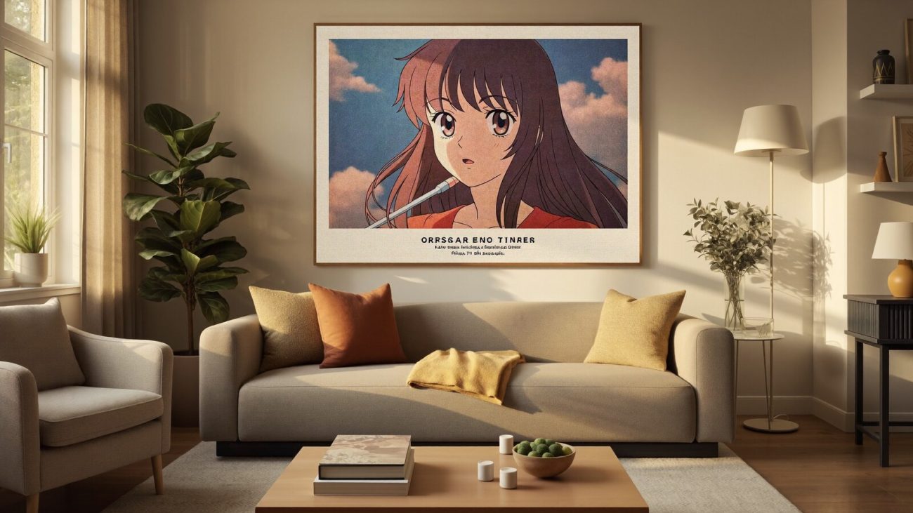 Anime-inspired canvas prints styled in a cinematic scene