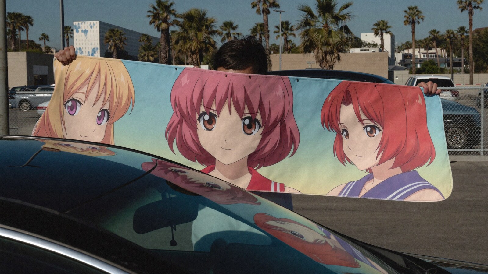 Anime-inspired car auto sunshades styled in a natural daylight scene