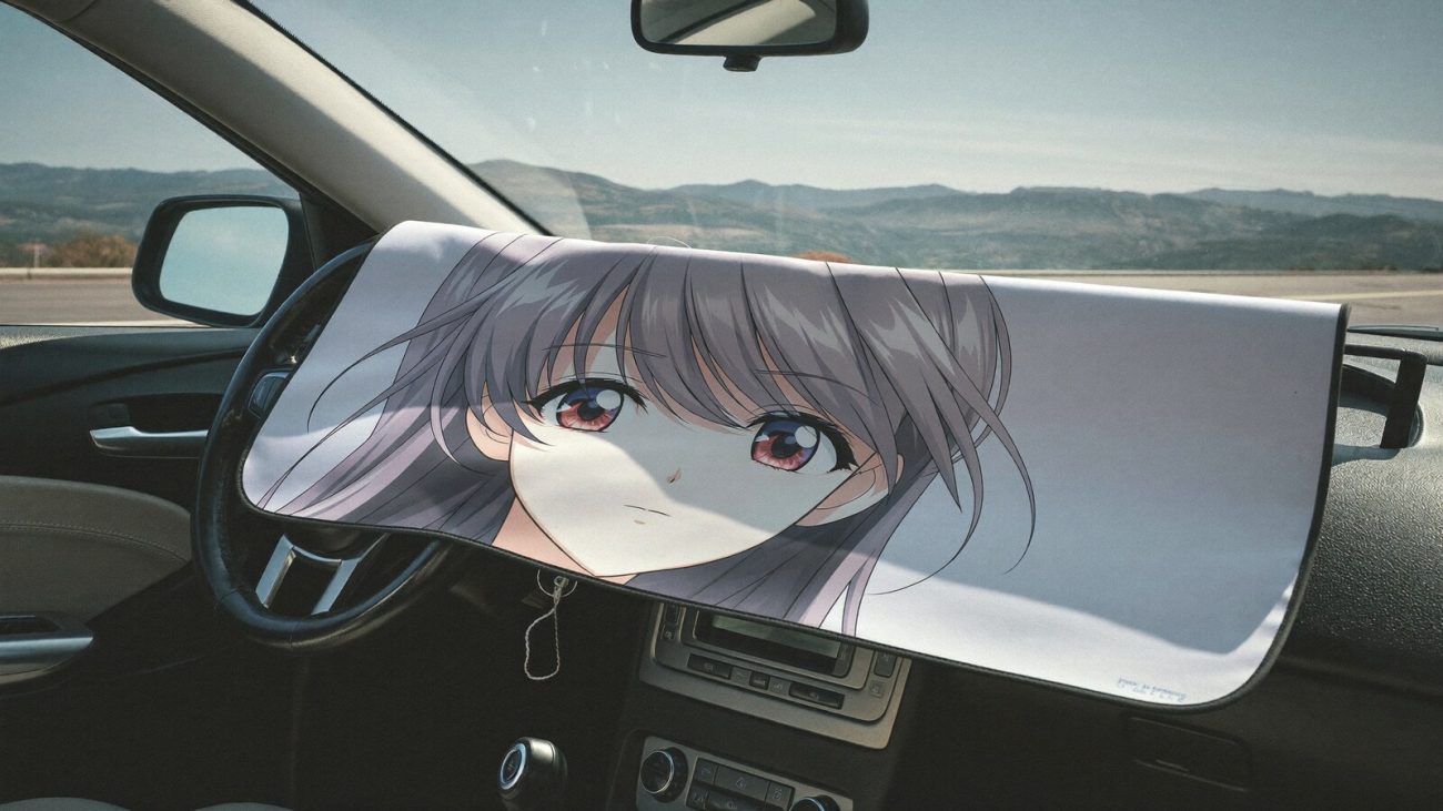 Anime-inspired car auto sunshades styled in a cinematic scene