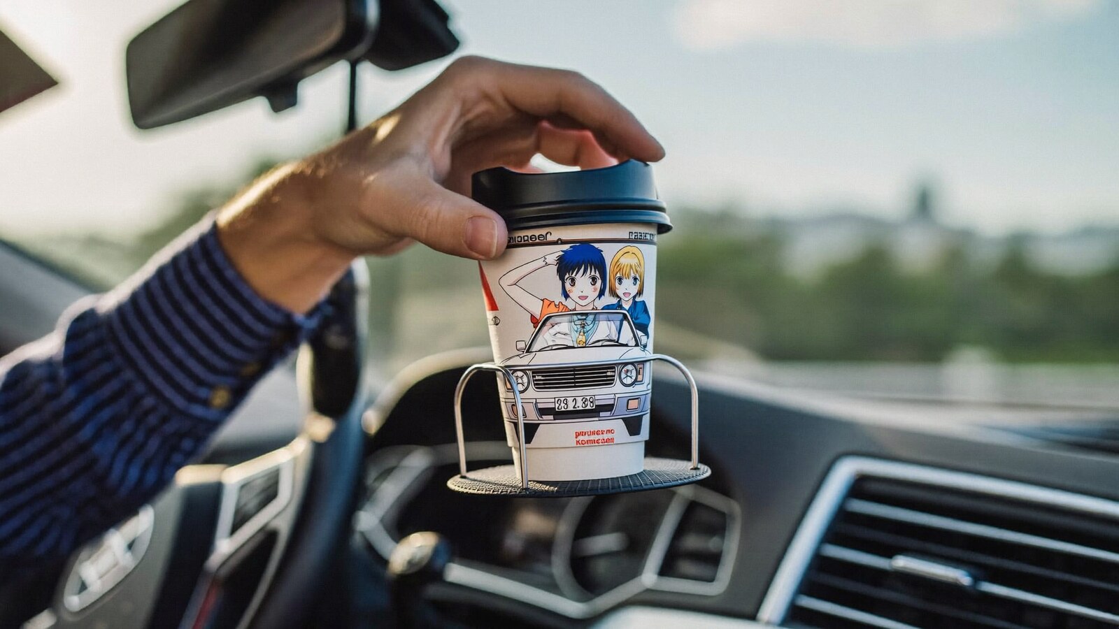 Anime-inspired car coasters auto cup holder styled in a natural daylight scene