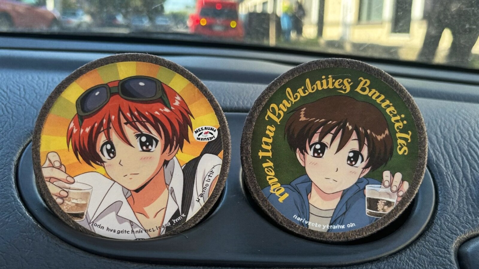 Anime-inspired car coasters auto cup holder styled in a cinematic scene