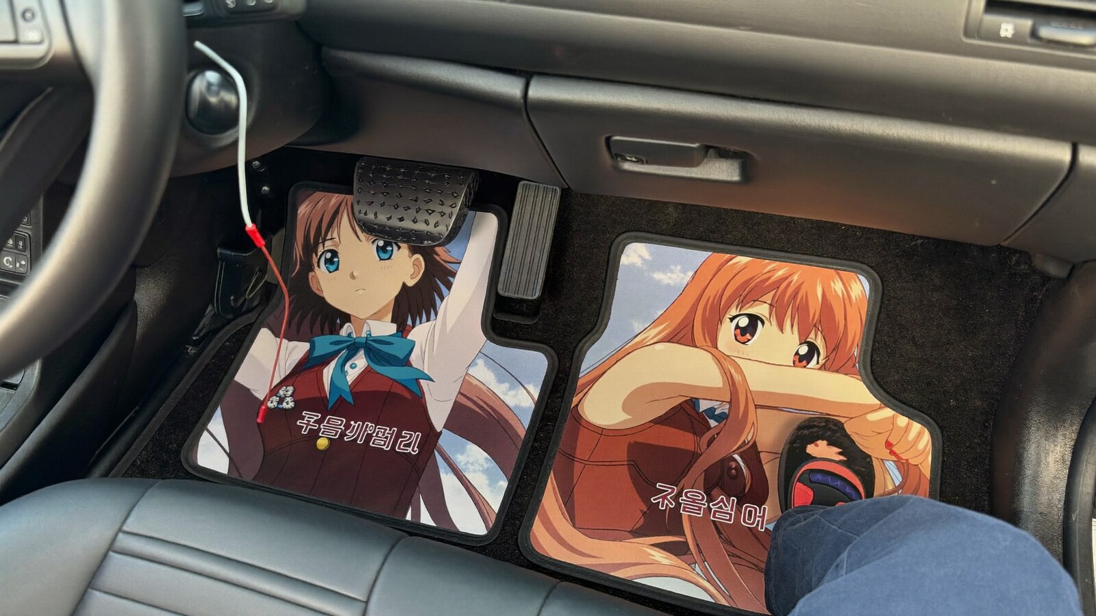 Anime-inspired car floor mats styled in a natural daylight scene