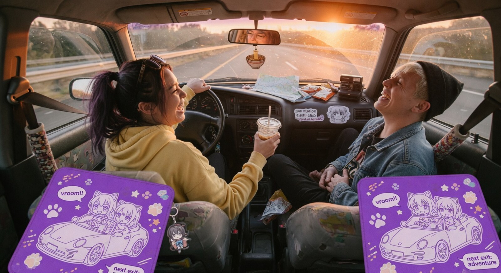 Anime-inspired car floor mats in a social or layered scene with friends