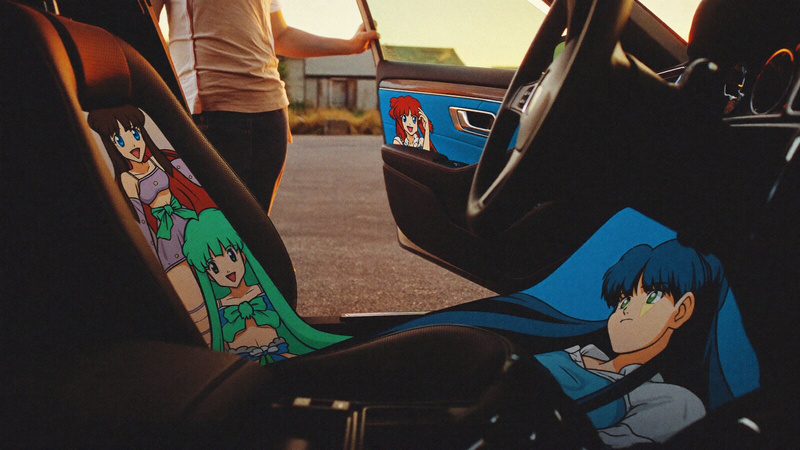 Anime-inspired car floor mats styled in a cinematic scene