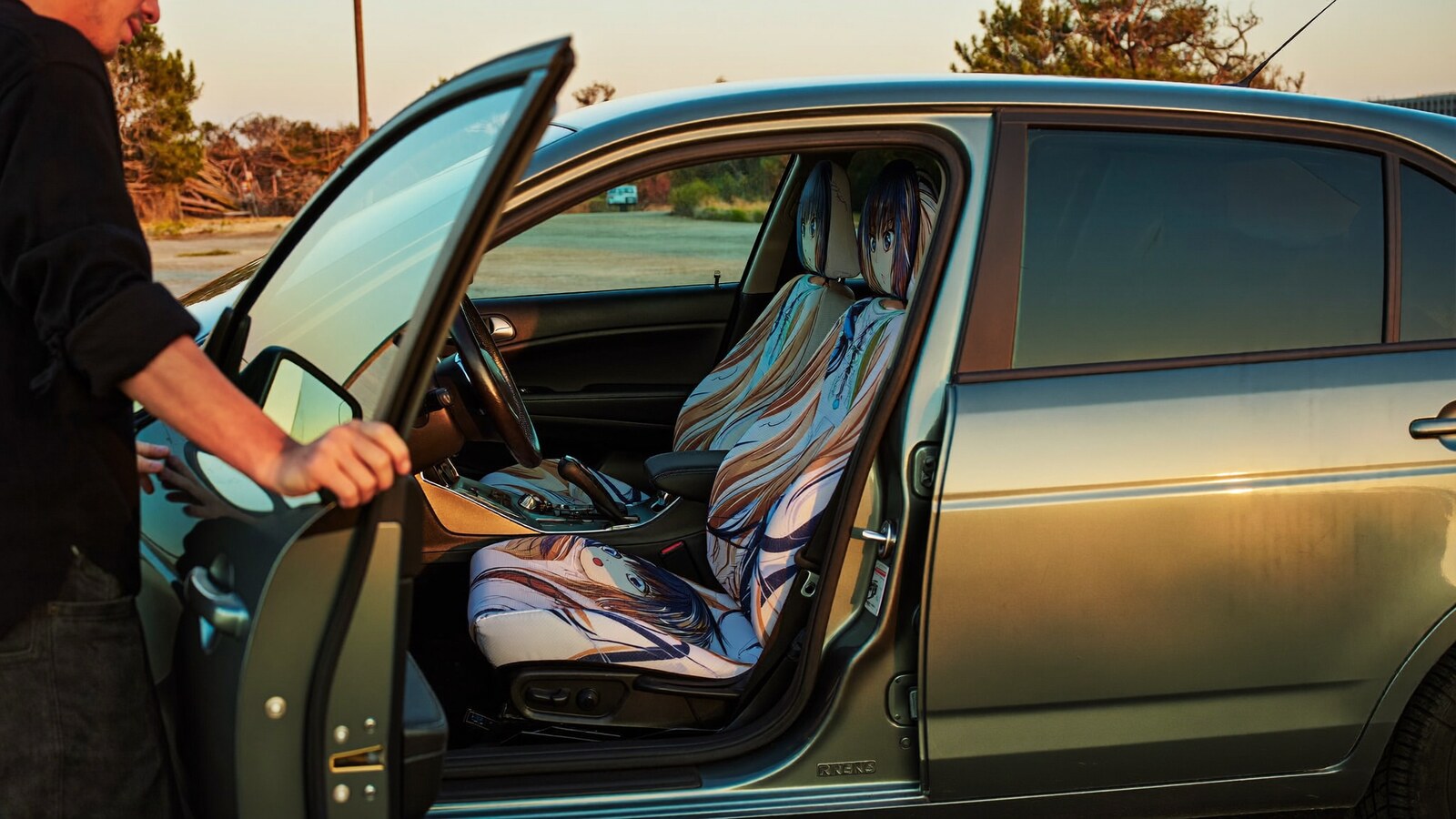Anime-inspired car seat covers styled in a natural daylight scene