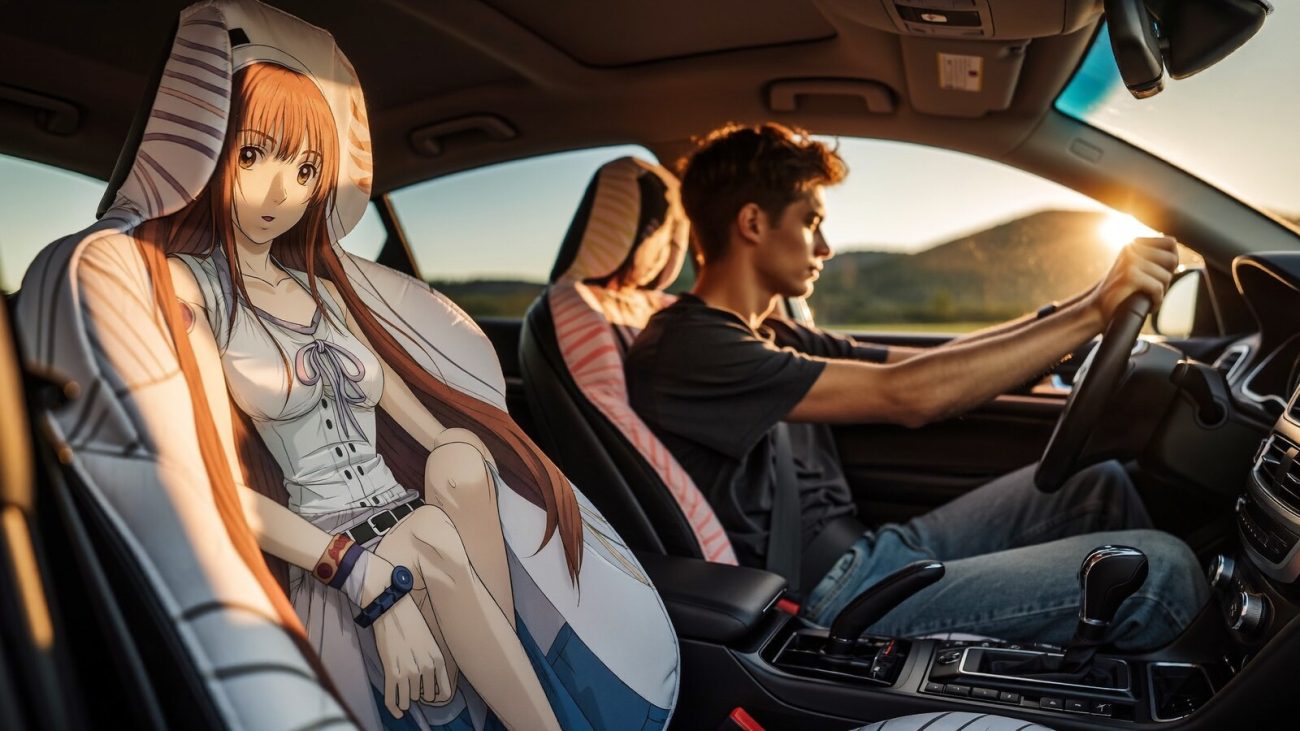 Anime-inspired car seat covers styled in a cinematic scene