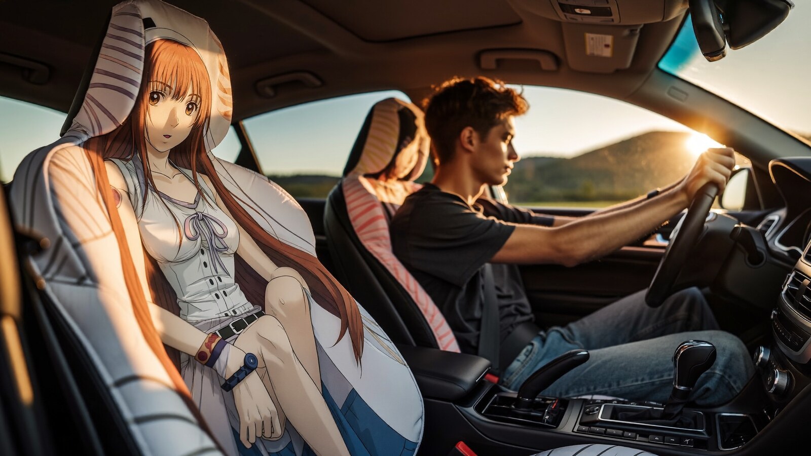 Anime-inspired car seat covers styled in a cinematic scene