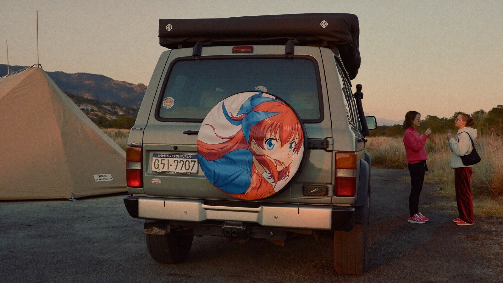 Anime-inspired car spare tire covers styled in a natural daylight scene