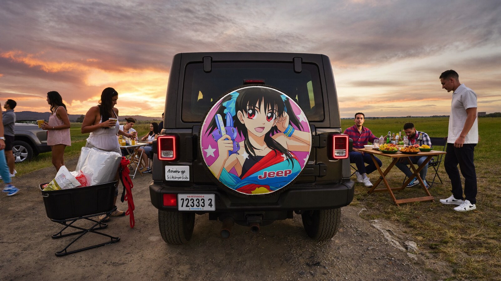 Anime-inspired car spare tire covers in a social or layered scene with friends