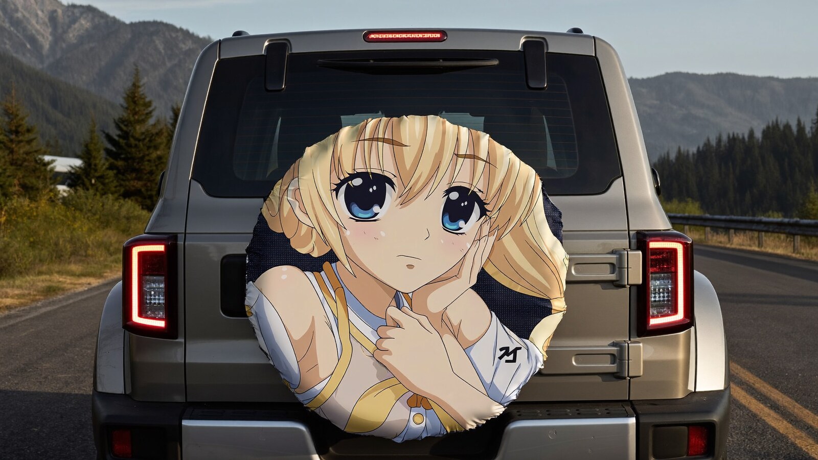 Anime-inspired car spare tire covers styled in a cinematic scene