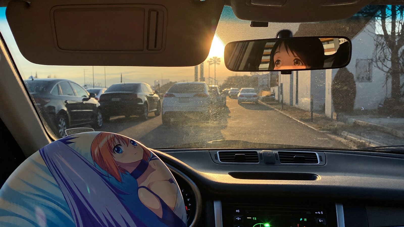 Anime-inspired car steering wheel cover styled in a natural daylight scene