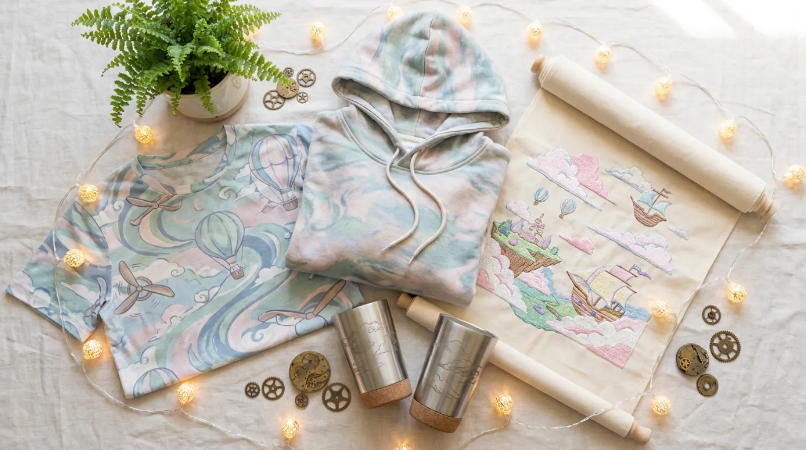 Castle in the Sky merch flat lay with Laputa tapestry, trippy tee and tumblers