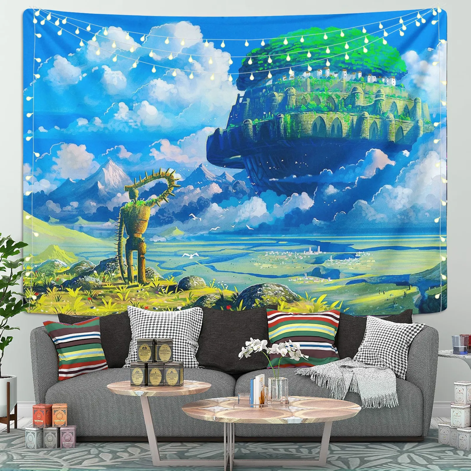 Castle in the Sky merch Laputa tapestry styled as a window onto the floating city