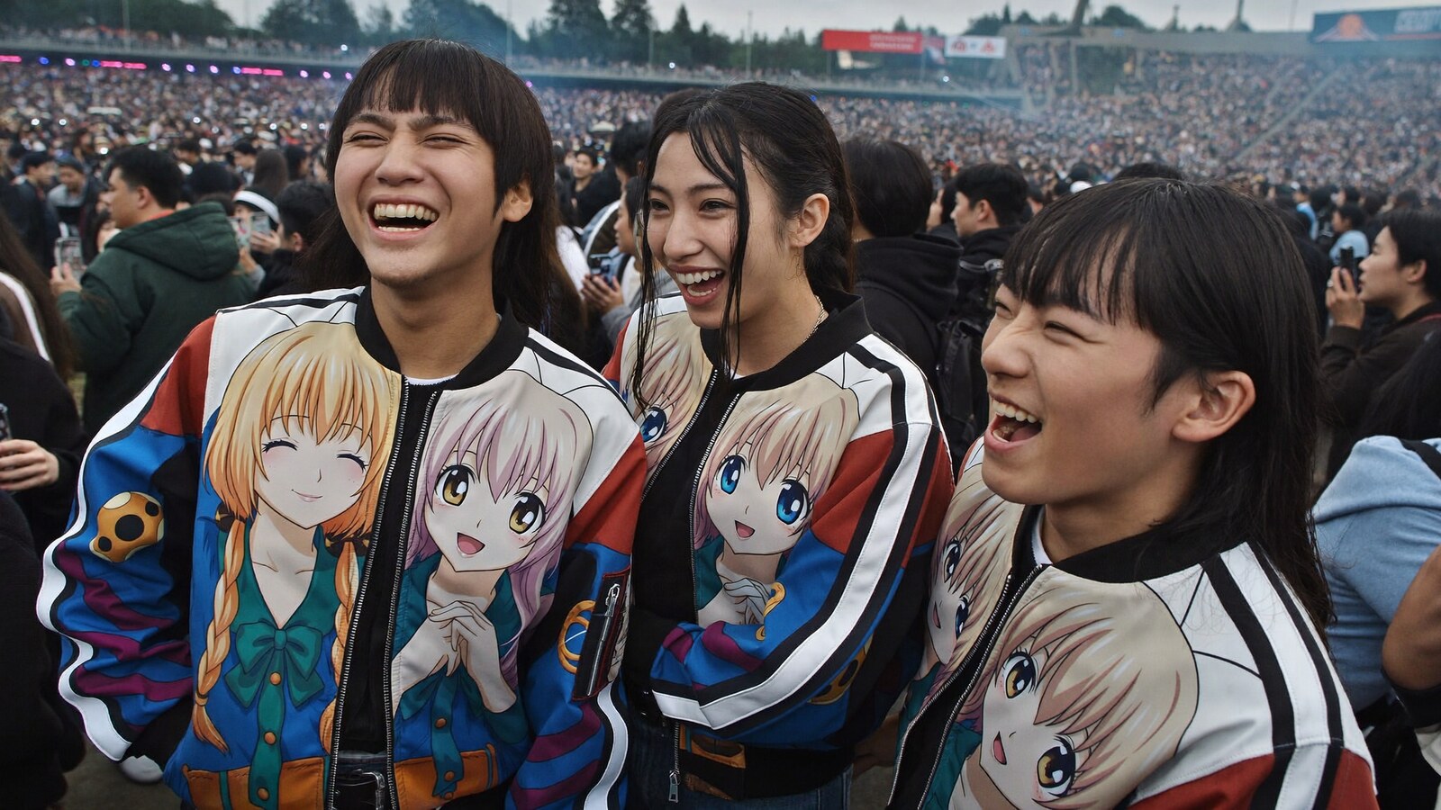 Anime-inspired casual bomber jacket in a social or layered scene with friends