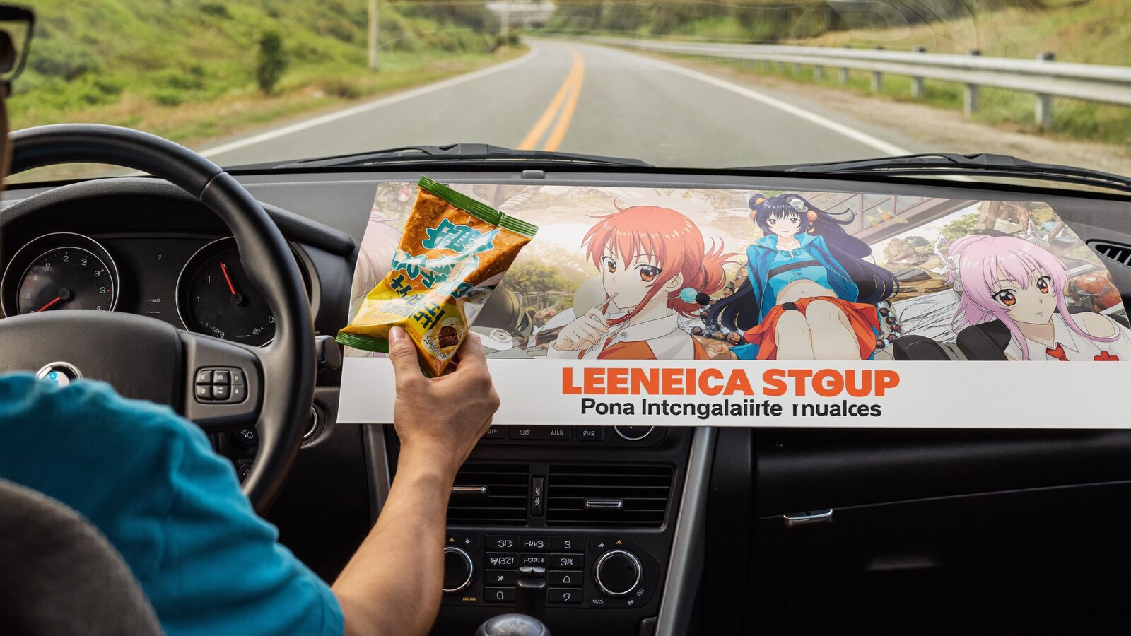 Anime-inspired center console cover car accessories styled in a natural daylight scene