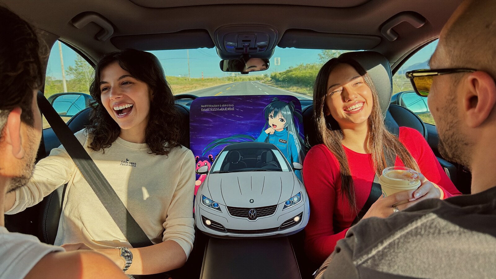 Anime-inspired center console cover car accessories in a social or layered scene with friends
