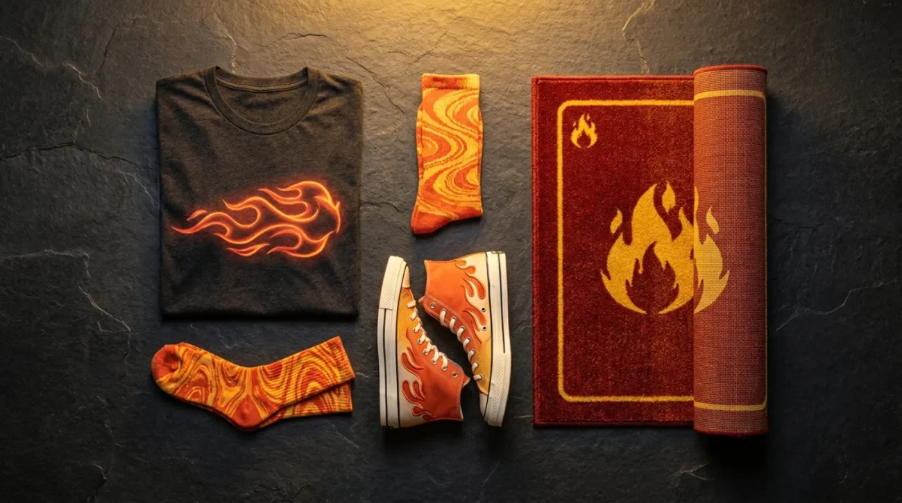 Flat-lay of Charizard merch including flame graphic tee, basketball shoes, custom socks, and Pokemon card rug