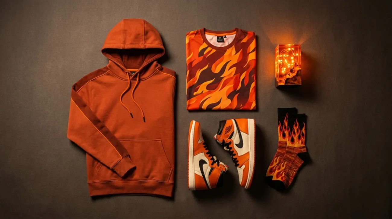 Flame-orange Charmander merch flat-lay including hoodie, tee, basketball shoes, and socks