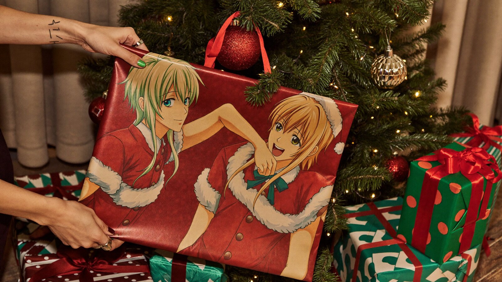 Anime-inspired christmas bauble ornaments in a social or layered scene with friends