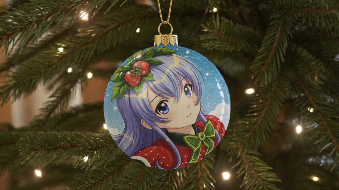 Person wearing an anime-inspired christmas bauble ornaments in an editorial scene