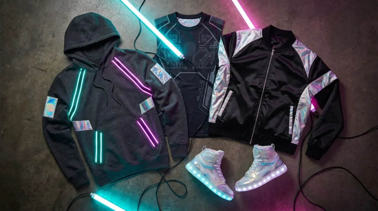 Cyberpunk 2077 merch apparel flat lay with neon-lit hoodie, varsity jacket, and high-top sneakers