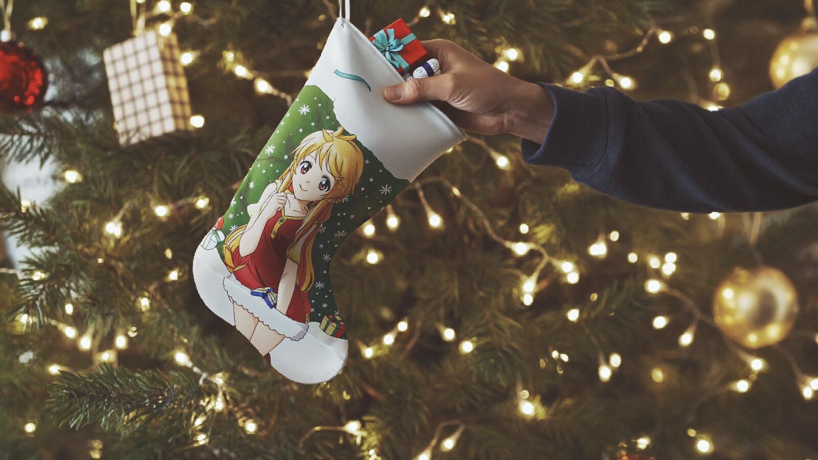 Anime-inspired christmas stockings styled in a natural daylight scene