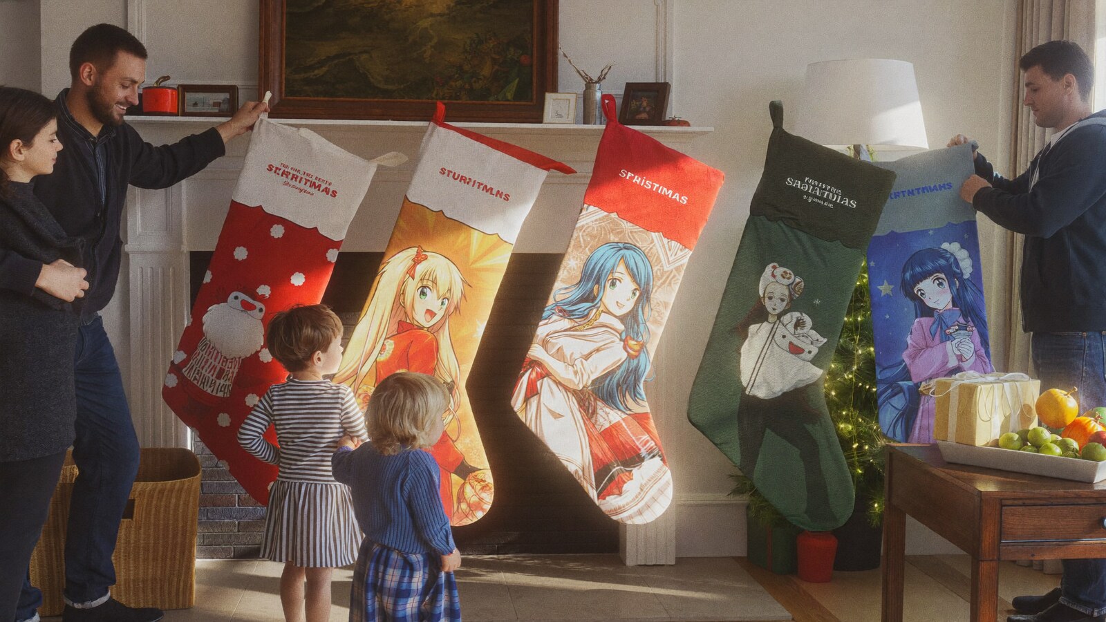 Anime-inspired christmas stockings in a social or layered scene with friends