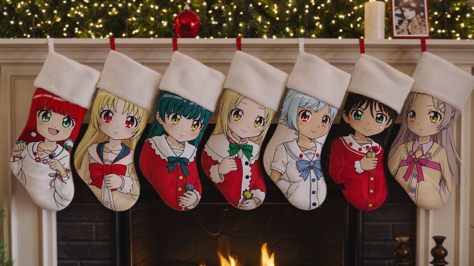 Anime-inspired christmas stockings styled in a cinematic scene