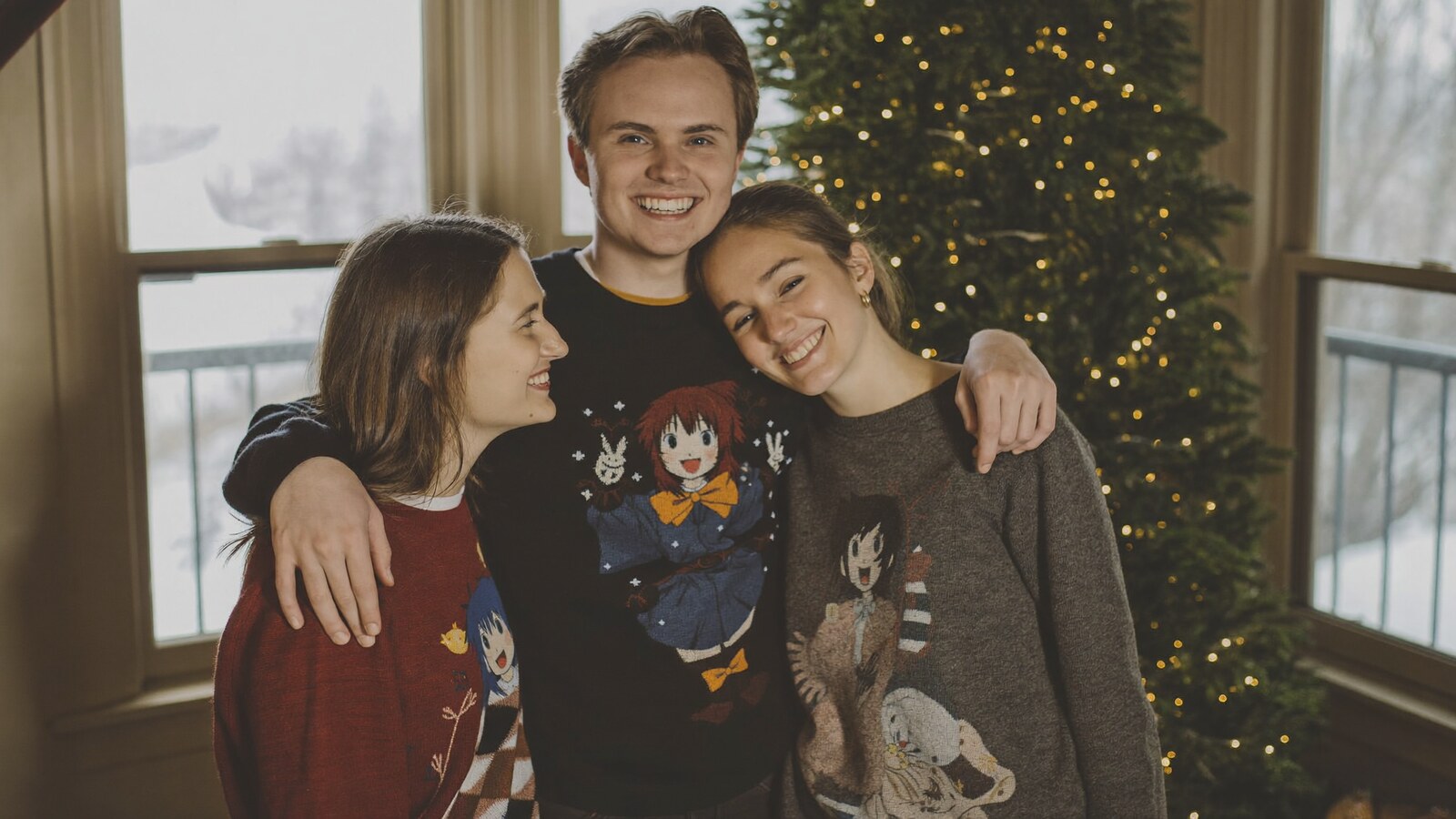Anime-inspired christmas sweaters 2025 styled in a natural daylight scene
