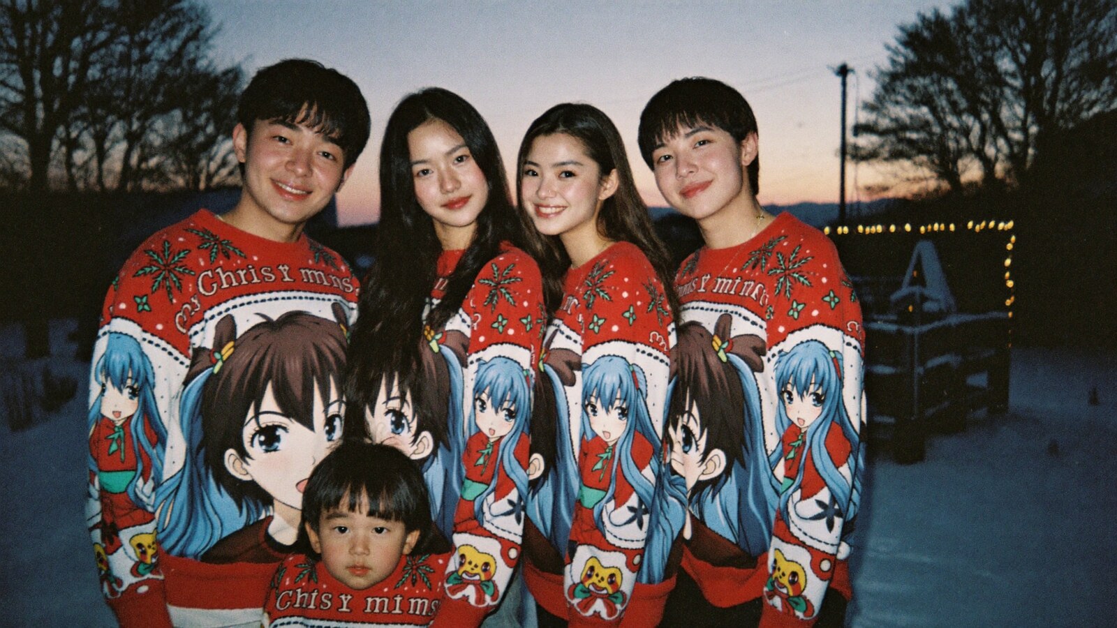 Anime-inspired christmas sweaters 2025 in a social or layered scene with friends