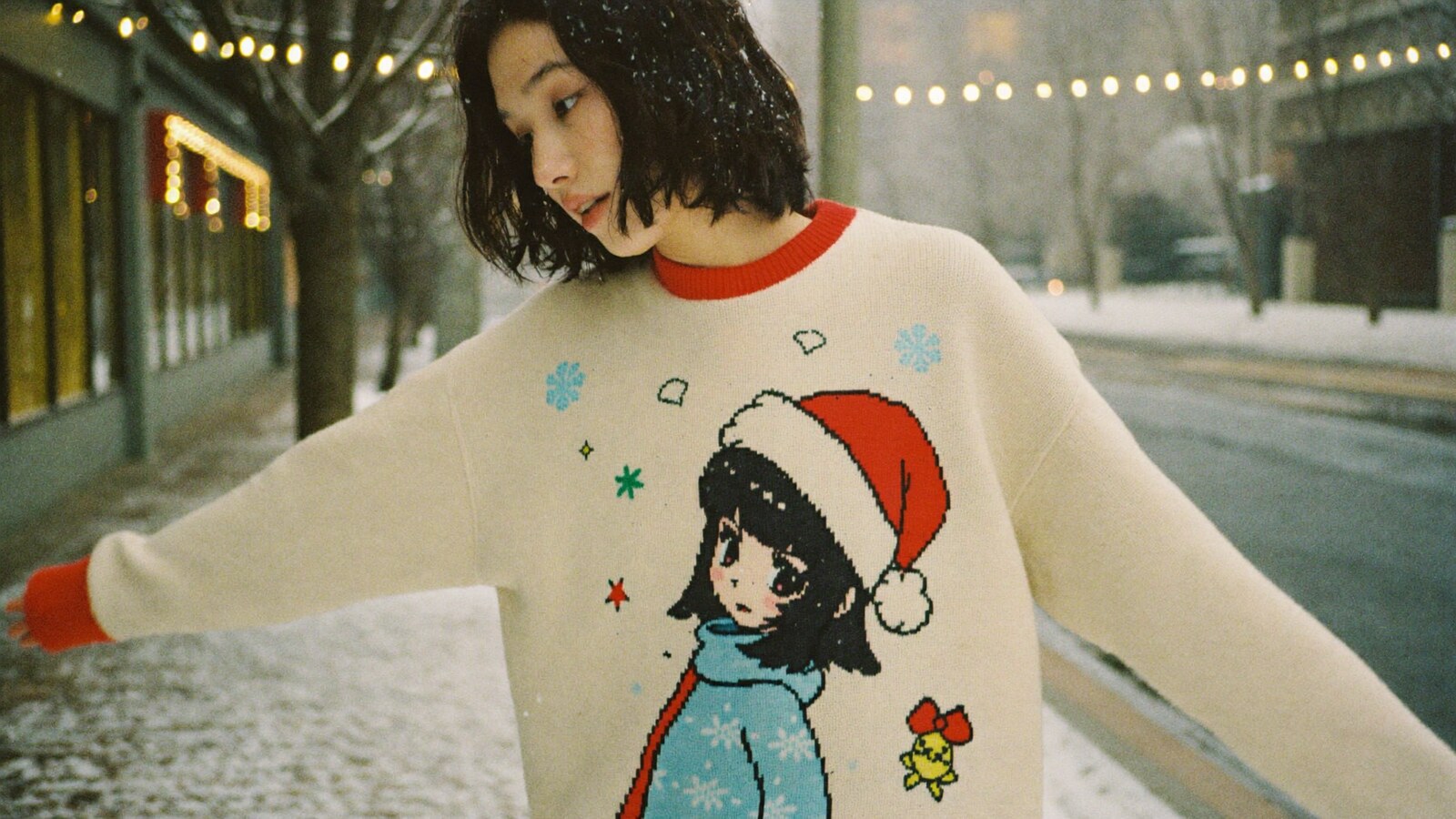 Person wearing an anime-inspired christmas sweaters 2025 in an editorial scene