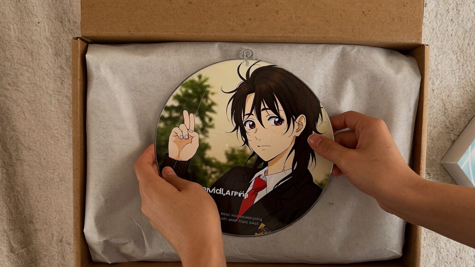 Anime-inspired circle ornament in a social or layered scene with friends