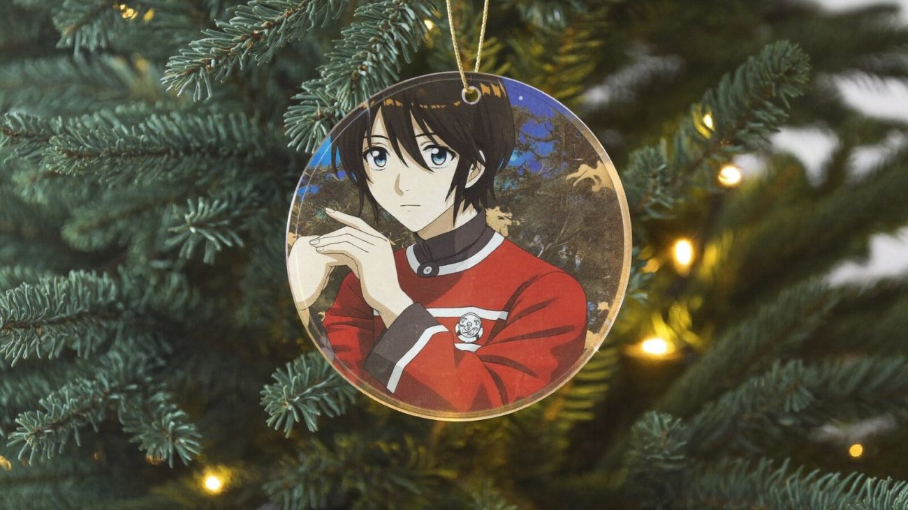 Person wearing an anime-inspired circle ornament in an editorial scene