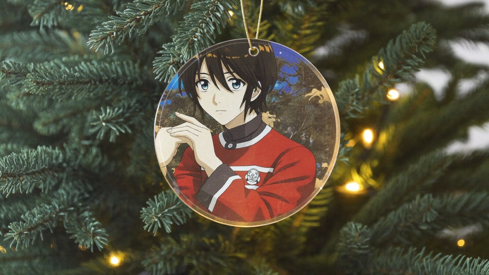 Person wearing an anime-inspired circle ornament in an editorial scene