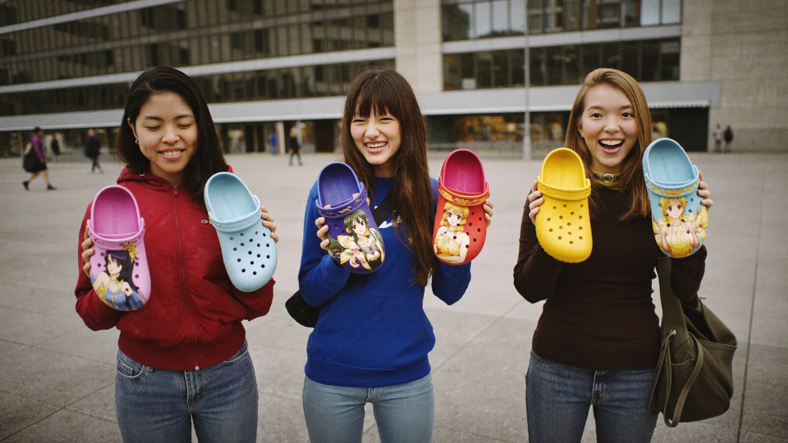 Anime-inspired clogs in a social or layered scene with friends