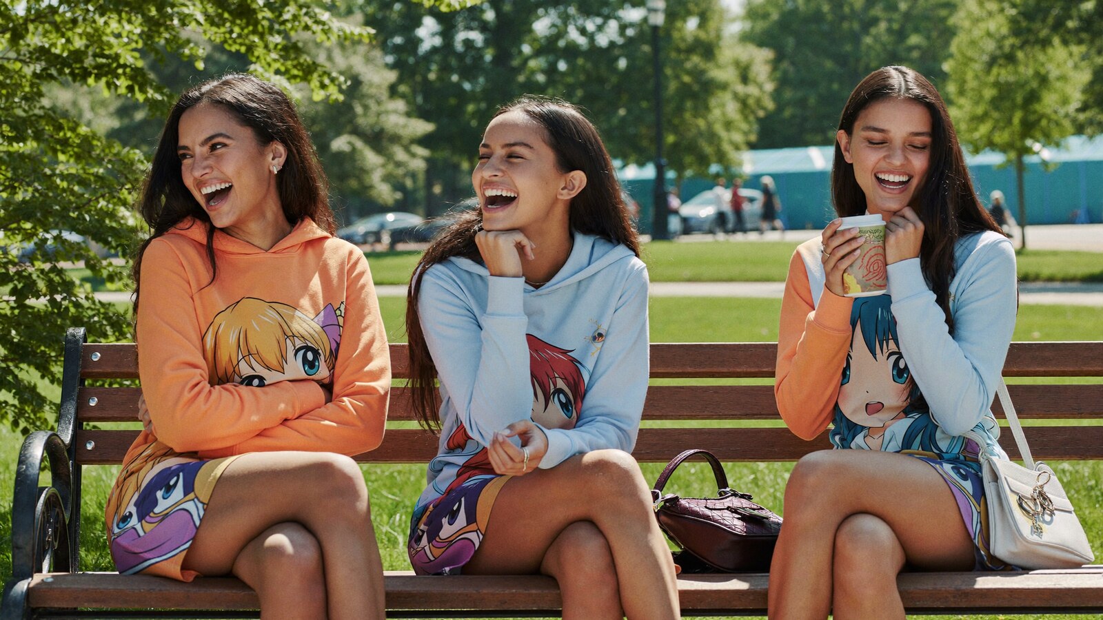 Anime-inspired hoodie dress in a social or layered scene with friends