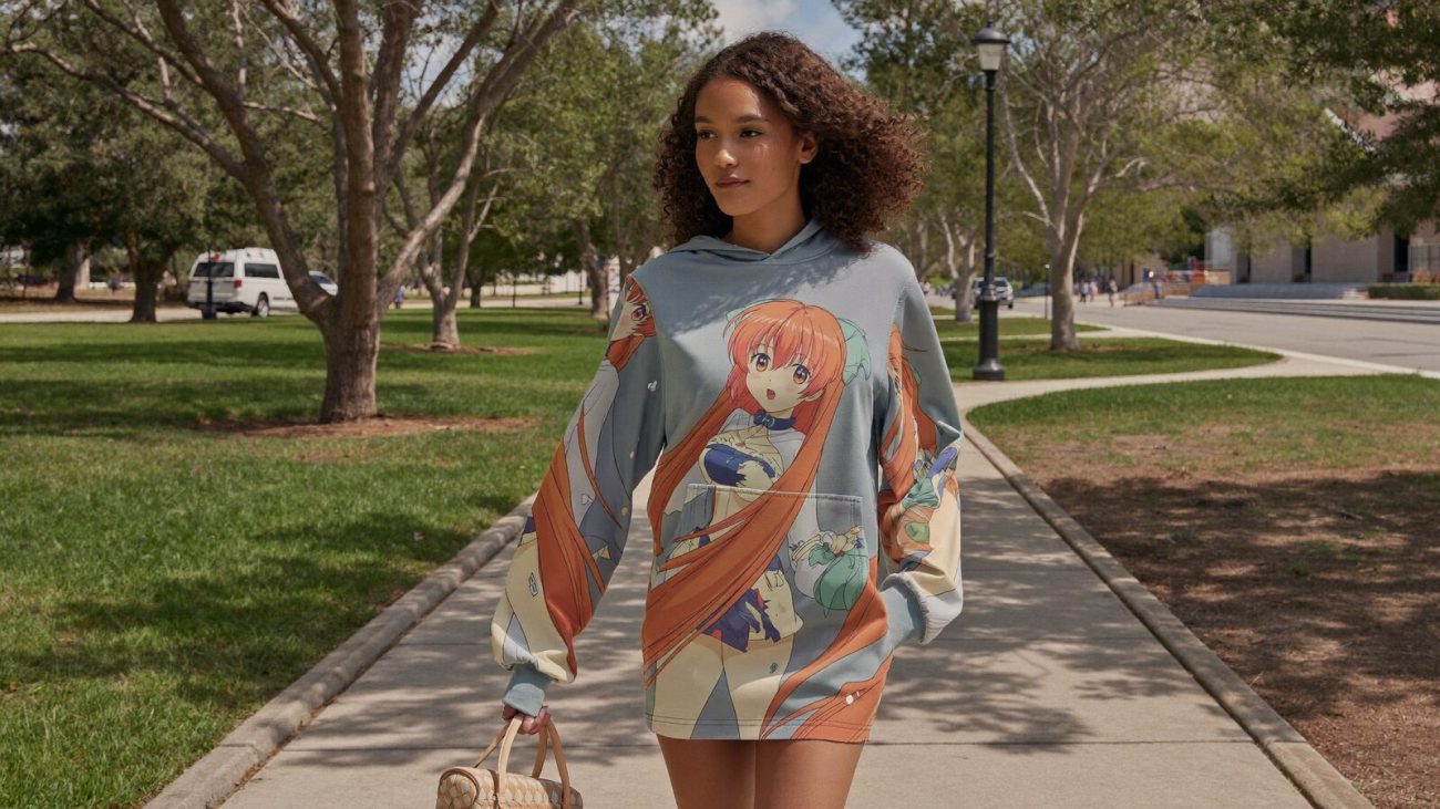 Person wearing an anime-inspired hoodie dress in an editorial scene