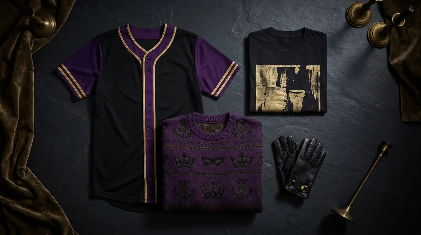 Code Geass merch apparel flat lay in black, purple and gold