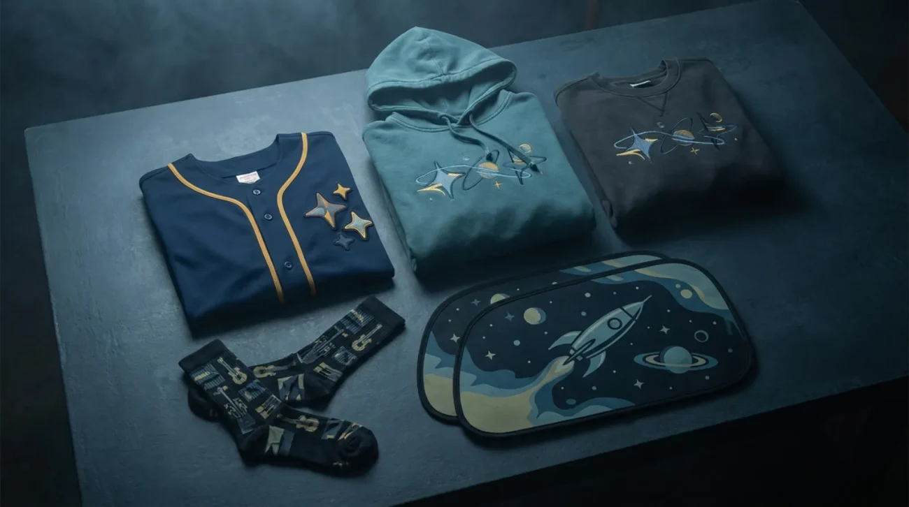 Cowboy Bebop shirt era merch flat lay with jersey, vintage hoodie, sweatshirt and socks in midnight blue and mustard