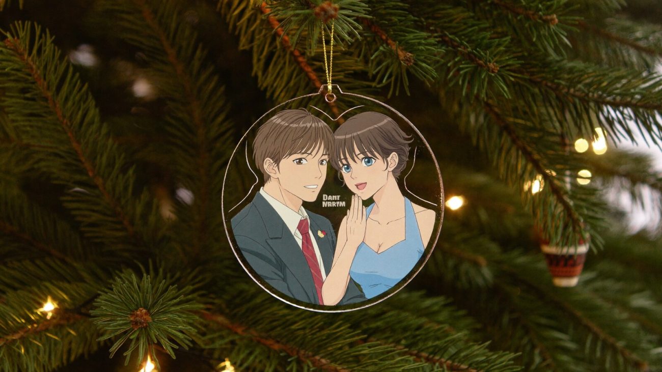 Person wearing an anime-inspired custom couple name christmas acrylic ornaments in an editorial scene