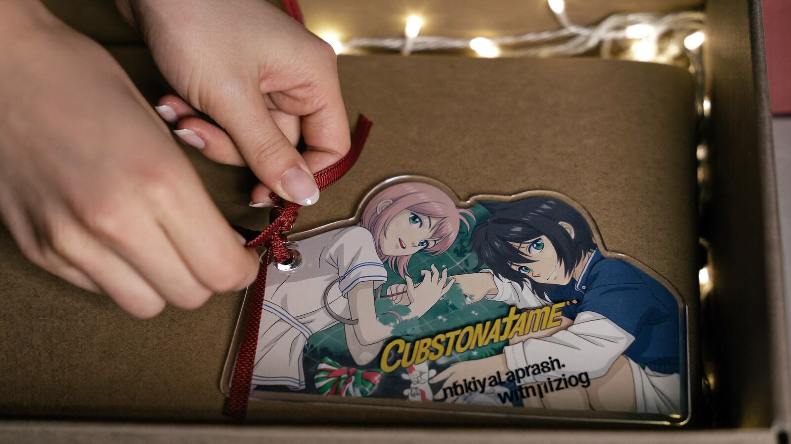 Anime-inspired custom name christmas acrylic ornaments in a social or layered scene with friends
