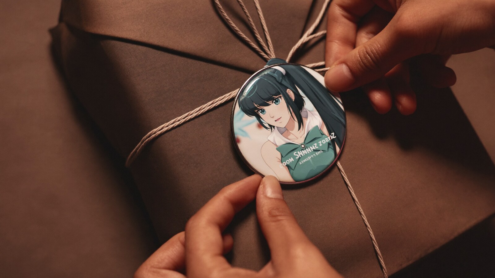 Anime-inspired custom name hologram ornaments in a social or layered scene with friends