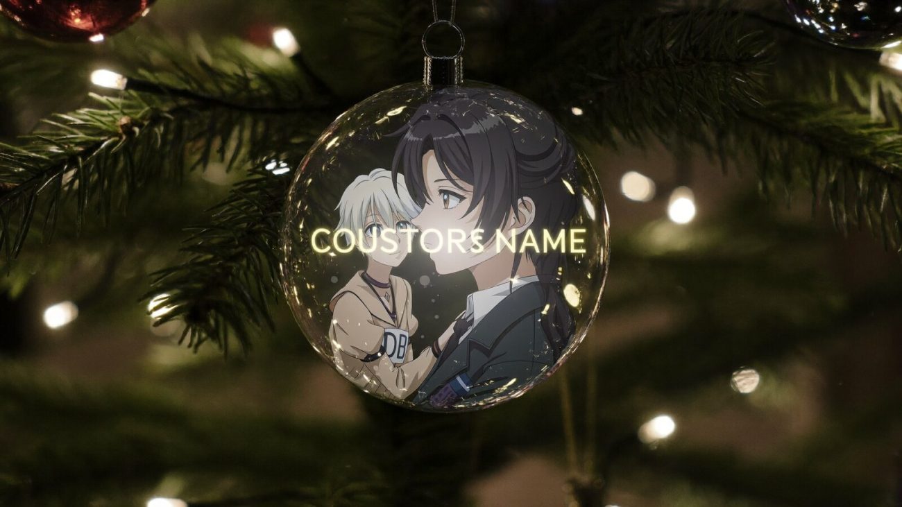 Person wearing an anime-inspired custom name hologram ornaments in an editorial scene