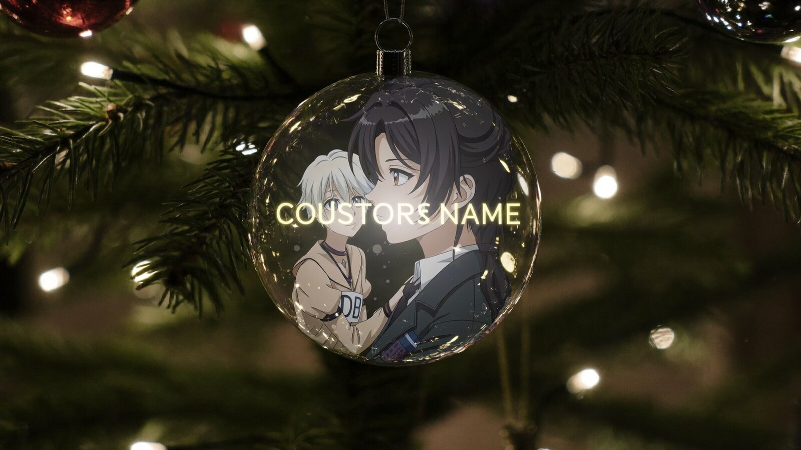 Person wearing an anime-inspired custom name hologram ornaments in an editorial scene