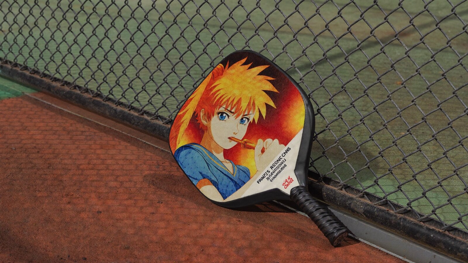 Anime-inspired custom pickleball paddle styled in a natural daylight scene